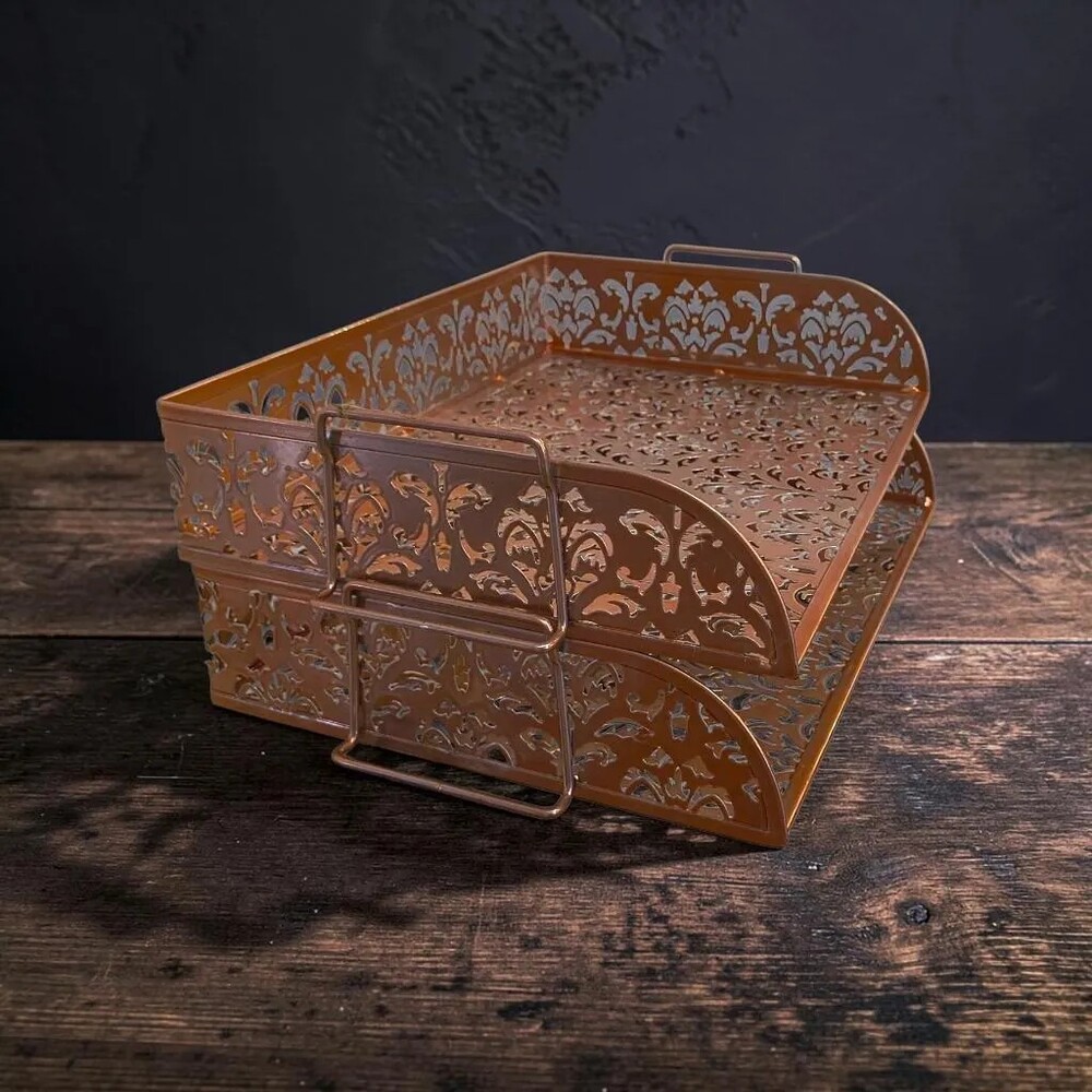 Rose Gold Tone Filigree Metal Stacking Letter Tray Set 2 Tier Desk Organizer